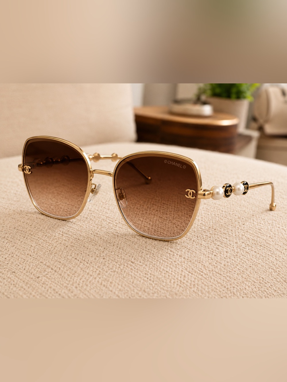 Gold Frame Brown Gradient Sunglasses with Pearl Temple Detail
